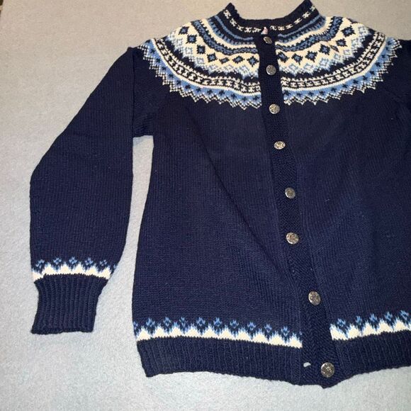 Vintage Norwegian Hand Knit Wool Cardigan Fair Isle Nordic Blue Button Front Wom - Picture 3 of 11